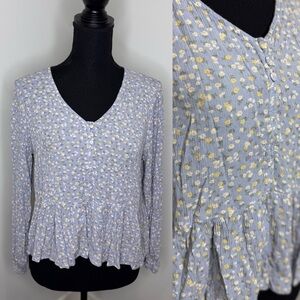 SO Floral Blue Long Sleeve V-Neck Flowy Blouse (M)